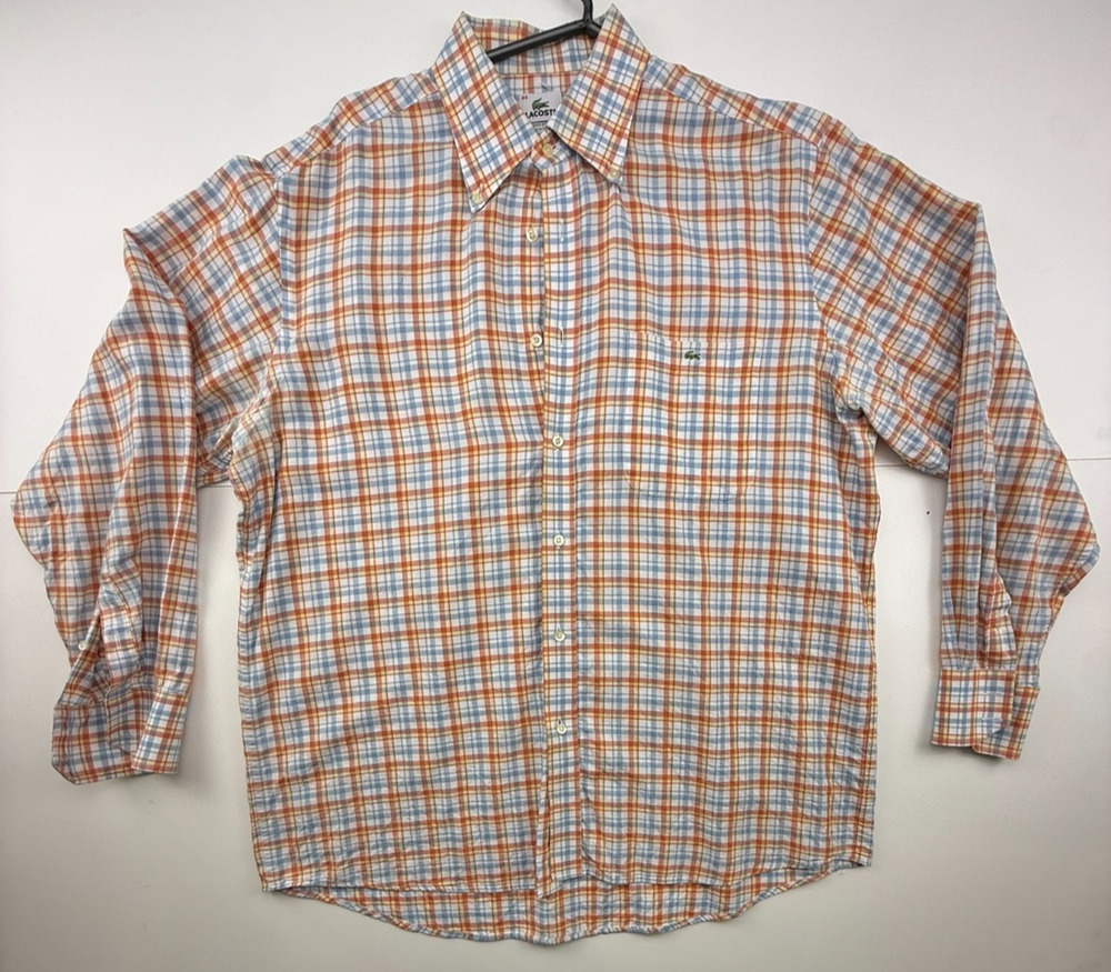 Vintage Lacoste Men's Plaid Button Down Shirt Size 44 L/XL Orange Blue Cotton